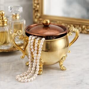 Vintage Gold Plated Footed Trinket Box Ornate Vanity Jar Copper Tone Lid